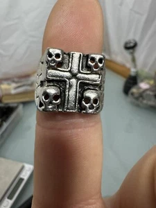 Silver Tone Cross Four Small Skulls Biker Mens Ring Size 10 - Picture 1 of 11