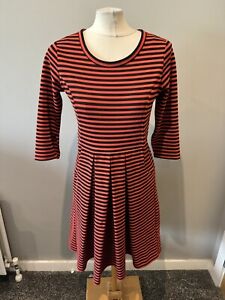 Ladies Joanie Red Black Striped Skater Flare 3/4 Sleeve Dress With Pockets Sz 10