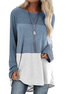HUBERY Women Colorblock Crew Neck Long Sleeve Scoop Hem Top (Large) - Picture 1 of 3