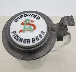Antique A S Imported Pilsen Beer Glass Stein Inlaid Porcelain Lid Insert- German - Picture 1 of 7