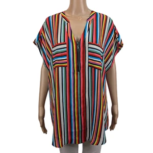 Torrid Tunic Blouse Womens 2X Zip-Front Dolman Colorful Stripes V-Neck - Picture 1 of 4