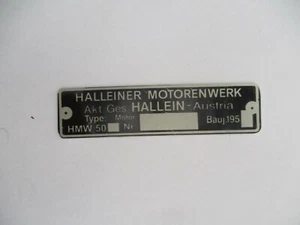 Targa Halleiner Motorenwerk HMW 50 - Foto 1 di 1