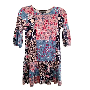 Three Pink Hearts Dress Girls Medium Navy Pink Floral Prairie Patchwork - Picture 1 of 9