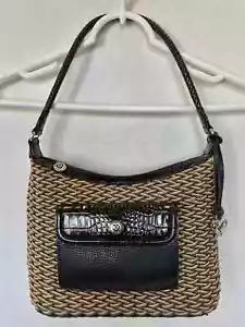 Vintage Brighton Edna Brown Basket Woven Jute Raffia Croc Leather Shoulder Bag - Picture 1 of 10