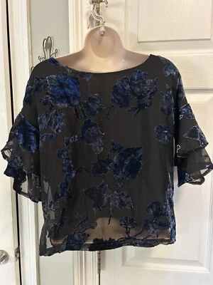 Top de terciopelo boho blanco lirio para mujer talla XS mangas campana Burnout azul marino y negro Foto 1 de 4