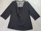 Susan Graver Blouse Top Womens 2X Black Polyester 3/4 Sleeve Cowl Neck Pleated