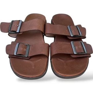 Vionic Charlie Men’s Brown Leather Sandals 12 Buckle Slide Comfort Arch Support - Picture 1 of 8