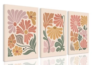 Boho Flower Canvas Wall Art Abstract Floral Pictures Prints Set of 3 Minimali... - Picture 1 of 7