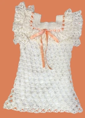 Vintage Hand Crochet Yarn Knit Top Ruffle Sleeve White w/ Ribbon ~Girls Size 4/5 - Image 1 of 4