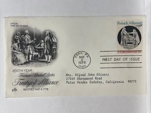 France-United States Treaty of Alliance Mail Cover FDC - York, Pennsylvania 1978 - Picture 1 of 2