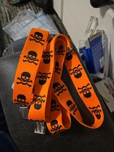 Orange Totenkopf & gekreuzte Knochen Hosenträger, Halloween dehnbar verstellbar, KK - Bild 1 von 6