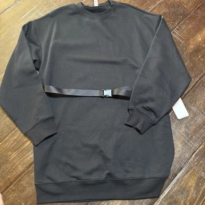 Alo Yoga Cityscape Crewneck Sweatshirt Tunic Dress Black Belted Pockets Sz M NWT - Picture 1 of 12