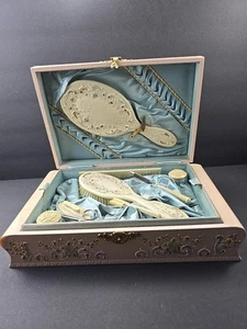 Antiguo juego de tocador victoriano de celuloide 9 piezas en estuche original dama - Imagen 1 de 18