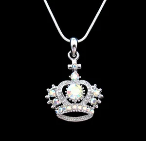 COLLANA CIONDOLO CIONDOLO CORONA CRISTALLO DIADEMA PRINCIPESSA REALE RE REGINA TONO ARGENTO - Foto 1 di 13