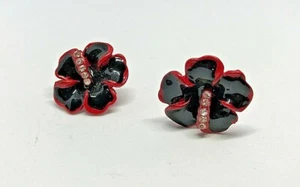 Vintage Ceramic Enamel Black&Red Flower Rhinestone Diamante Earrings 1980' - Picture 1 of 3