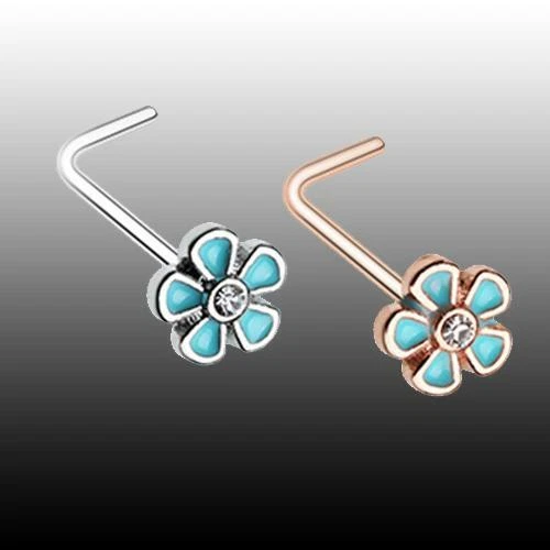 Springtime Floral L-Shaped Nose Ring Rose Gold Sexy Beautiful Clear Teal Flower - Image 1 of 1