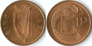 Ireland 1971 1 Penny Pingin KM# 20 Bronze Republic Cláirseach Irish Harp Bird - Picture 1 of 3