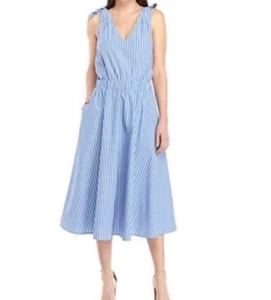 Cupio Cotton Midi Dress Womens XL Blue Striped Fit & Flare Nautical Coastal NWT - Picture 1 of 9