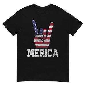 Merica Rock Sign 4th of July Vintage American Flag Retro USA T-Shirt - Picture 1 of 17