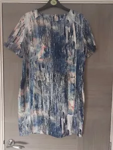 C64 WOMANS NEXT PETITE BLUE MIX SHORT SLEEVE STRETCH BODYCON DRESS UK 14P EUR 42 - Picture 1 of 4