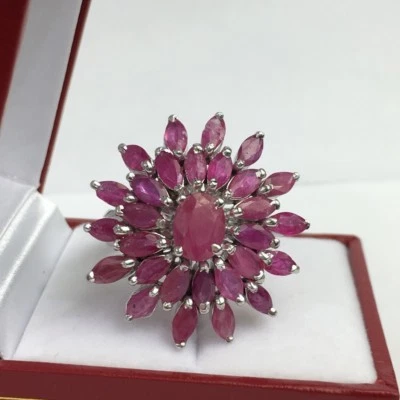 Solid .925 Silver Big Cluster Flower Ring, Natural Ruby. Size 8.25. 12.53 Grams - Image 1 of 4
