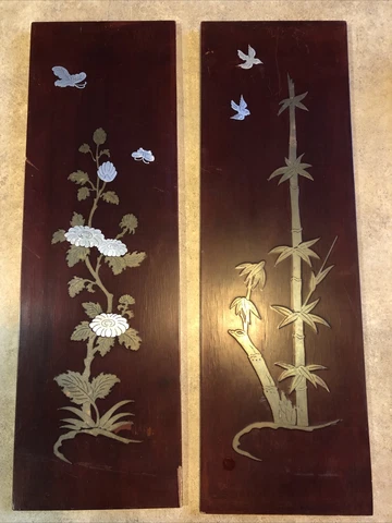Vintage Set Of 2 Oriental Style Art Plaques~ Metal On Wood- Birds Butterflies Cover