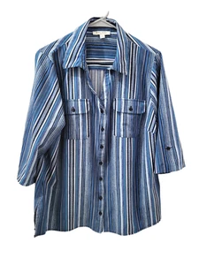 Studio Works Button Up Blouse 3/4 Sleeve Stretch Blue Stripes Womens 1X Plus - Picture 1 of 11