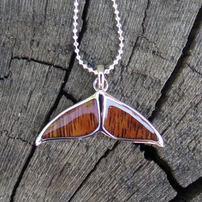Hawaii Jewelry Koa Wood Whale Tail Silver Rhodium Plated Brass Pendant BRP1115  - Image 1 of 4