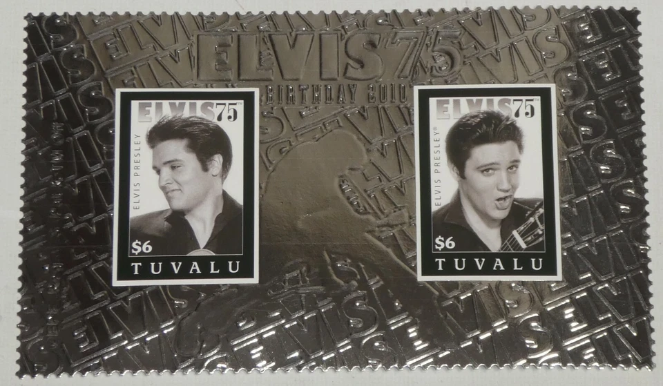 Elvis Presley $6 Tuvalu Stamp Silver Foil Souvenir Sheet 2 Stamps 2010 The King - Image 1 of 4