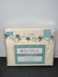Waverly Embroidered Floral Twin Sheet Set Jacobean Natural Ivory - Picture 1 of 6
