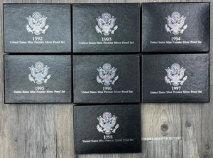 1992-1998 S US Mint Premier Silver Proof Sequential Run 7 Box Set Total OGP/COA - Picture 1 of 10