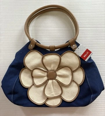 Relic Navy Canvas Purse with Tan Flower Design Snap Closure Zipper Compartment - Image 1 of 4