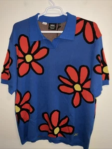 WESC 100% COTTON KNIT COLLARED PULLOVER S/S BLUE FLORAL POLO MENS L NWT - Picture 1 of 14