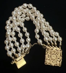 Estate Miriam Haskell 5 Strand Faux Pearl Bracelet - Picture 1 of 10