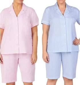 LAUREN RALPH LAUREN Bingham Bermuda Plus Size 2-Piece Striped Cotton Pajama Set - Picture 1 of 17