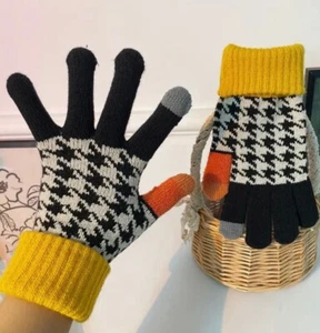Women Checkerboard Knitted Gloves Thicken Warm Gloves Touch Screen - Picture 1 of 2