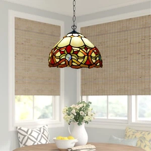 Tiffany Antique Style 10 Inch Pendant Lamp Multicolour Stained Glass Handcrafted - Picture 1 of 11