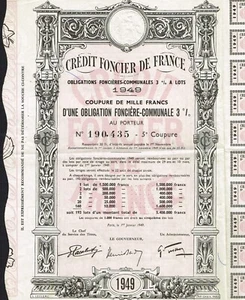 FRANCE COMMUNAL LAND 3 % BOND stock certificate/bond 1949 - Picture 1 of 1