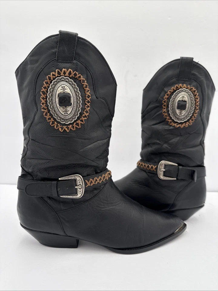 Botas de Vaquero De Colección Rocker Años 80 Cuero Negro Concho Wimsigoth Grunge Talla 8 Foto 1 de 4
