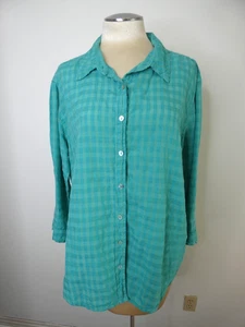 Cut Loose Women's XL Linen Blend Plaid Button Up Turquoise Green Long Sleeve - Picture 1 of 10