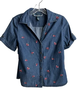 Karen Scott Women Short Sleeve Button Up Embroidered Chambray Denim Top Sz PS - Picture 1 of 10