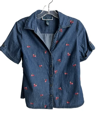 Karen Scott Women Short Sleeve Button Up Embroidered Chambray Denim Top Sz PS - Image 1 of 4