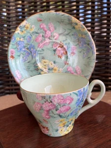 Shelley Melody grün Chintz Blumenmuster Goldrand 4 Unzen Teetasse & Untertasse #13453 * XLNT! - Bild 1 von 7
