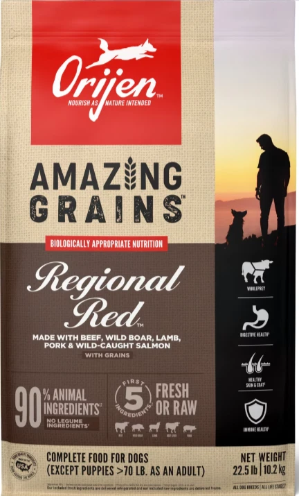 Alimento seco alto en proteínas rojo regional ORIJEN Amazing Grains, bolsa de 22,5 lb Foto 1 de 1