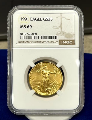Moneda de 1/2 águila de oro 1991 de $25 - MS69 - NGC - Gran brillo Foto 1 de 4