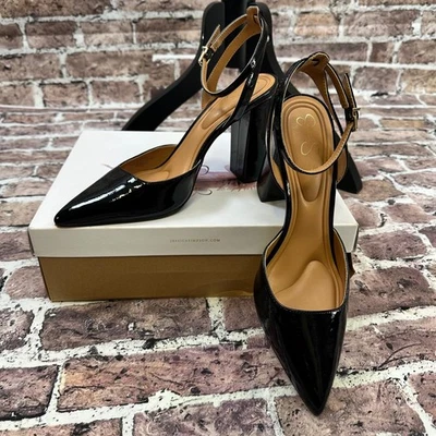 Jessica Simpson Preto Patente Biqueira Pontiaguda Tira no Tornozelo Salto Bloco Tamanho 10M Novo com etiquetas - Imagem 1 de 4