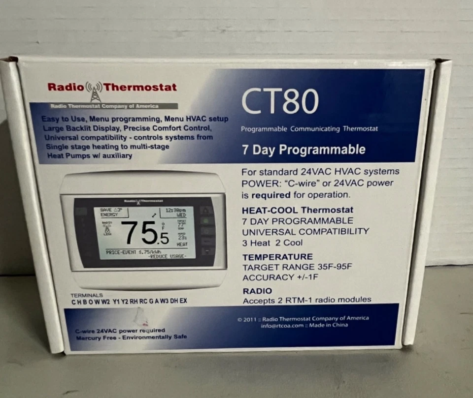 Radio Thermostat CT30 Universal 7 Day Programmable Touch Screen 24V HVAC Systems - Image 1 of 3