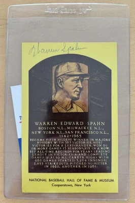 Warren Spahn Baseball Yellow HOF Plaque Postcard Autograph Auto PSA DNA - Image 1 of 2