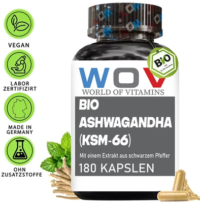 WOV® Bio Ashwagandha Kapseln - 180 Stück - 2100 mg KSM66 - Hochdosiert für Balance