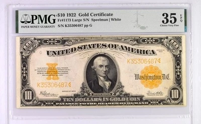 1922 $10 Dollar Gold Certificate FR 1173 PMG 35 EPQ Large SN - Image 1 of 2